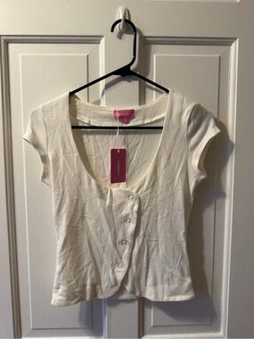 Edikted Cream Short Sleeve Button Front Sweater Top
